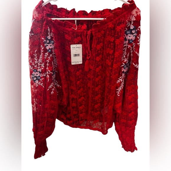 Free People Embroidered Red sheer jubilee top sz M - Picture 1 of 8